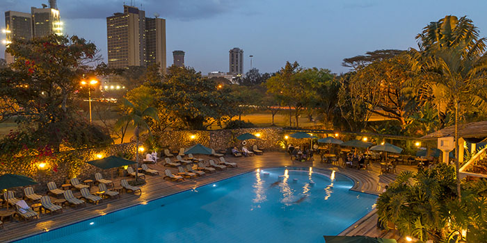 Pool area at dusk