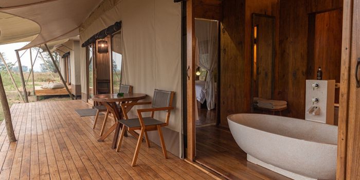 Family tent exterior and bathroom