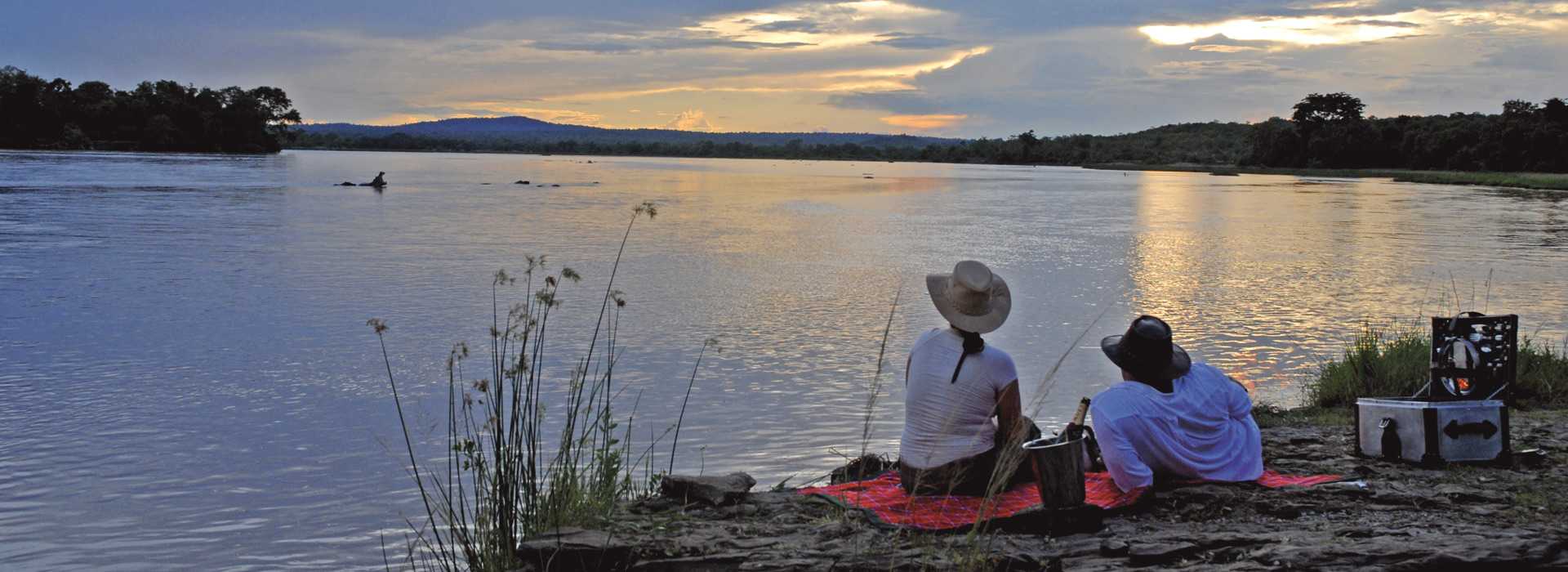 Couple with picnic watching hippos in water