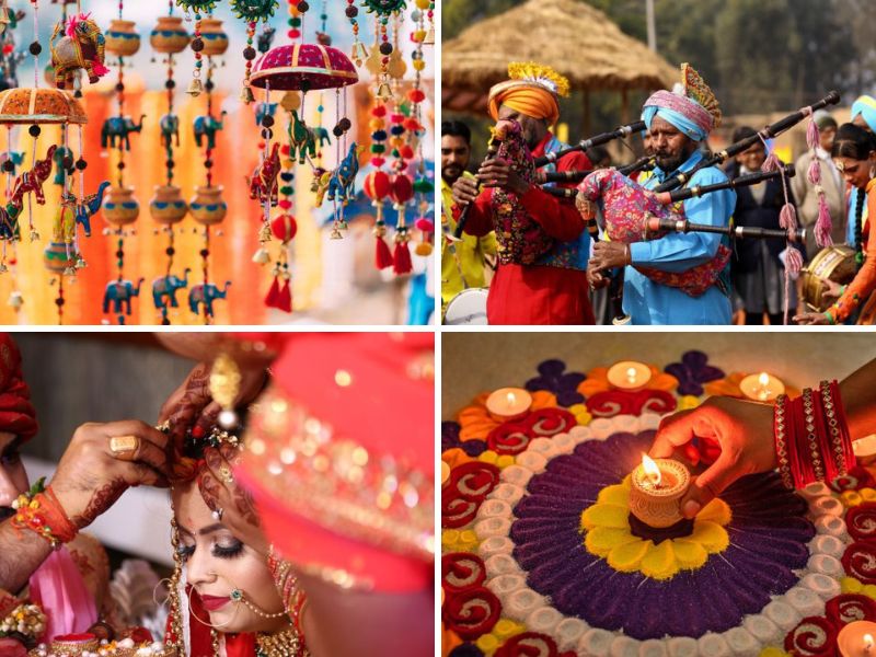 A photo montage of four images showing aspects of cultural ife in India that those who visit India might experience.