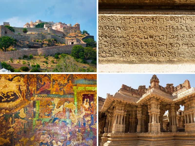 Photomontage with four images showing examples of historical artefacts, places or buildings in India.