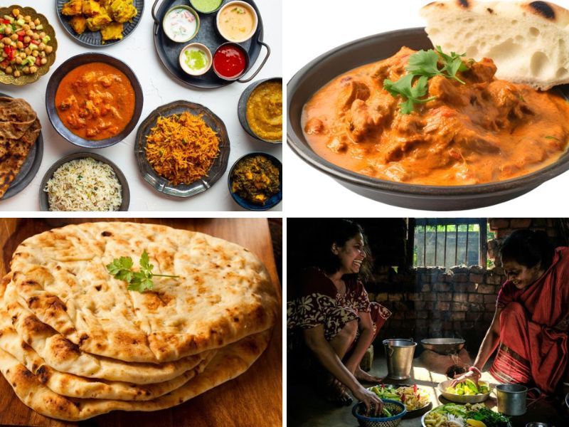 Four-up photomontage with four images chosen to show the variety of cuisine in India.