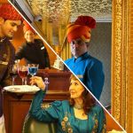 Photo montage of an image from each of the two trains featured in this story. On the bottom is an image from the Maharajas Express of a bar waiter serving a guest drinks and on the top is a steward standing in the ornately decorated passage of the Palace on wheels. There is a thin diagonal line from the top left to bottom right hand corners to break up the image into two parts.