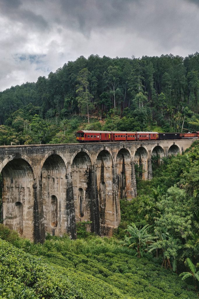 A Train making its way over the iconic nine-arch bridge in Sri Lanka.