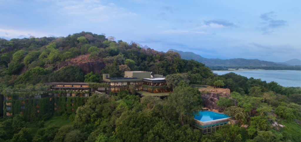 Like the hanging gardens of Babelon, Heritance Kandalama in Sri Lanks if perched on hills with panorami views of Sigiriya Rock.