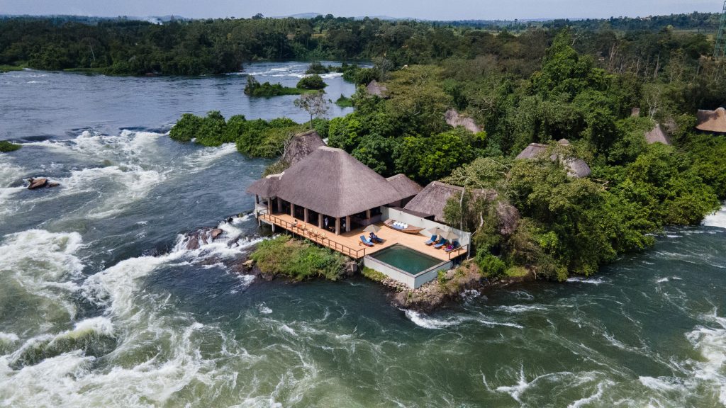 Water swirling around the raised wooden walkways of this hotel's poolside make for a dramatically unusual place to stay.