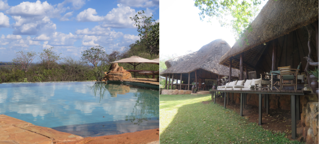 A composite image of a swimming pool on the left and on the right an image of cottages at a lodge